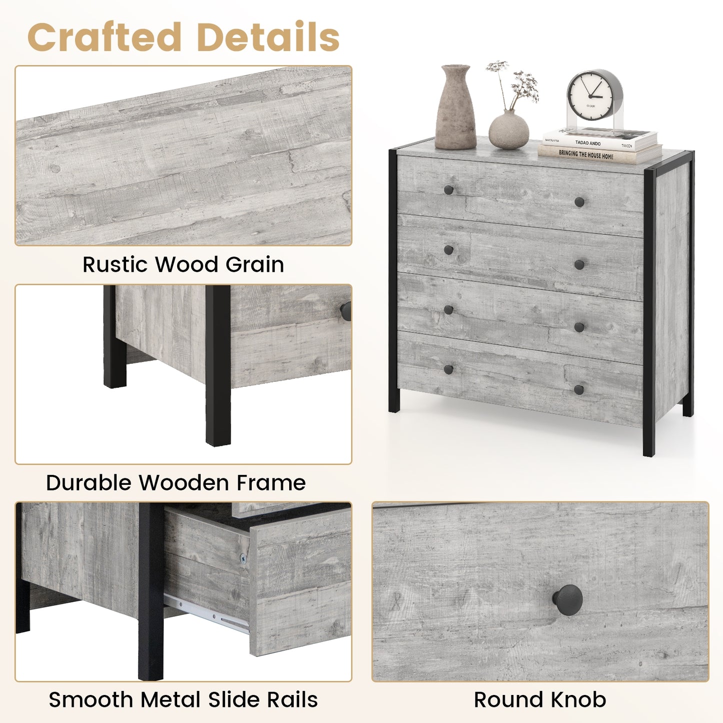 Modern 4-Drawer Wooden Dresser Chest for Bedroom, Living Room & Entryway - Grey Finish