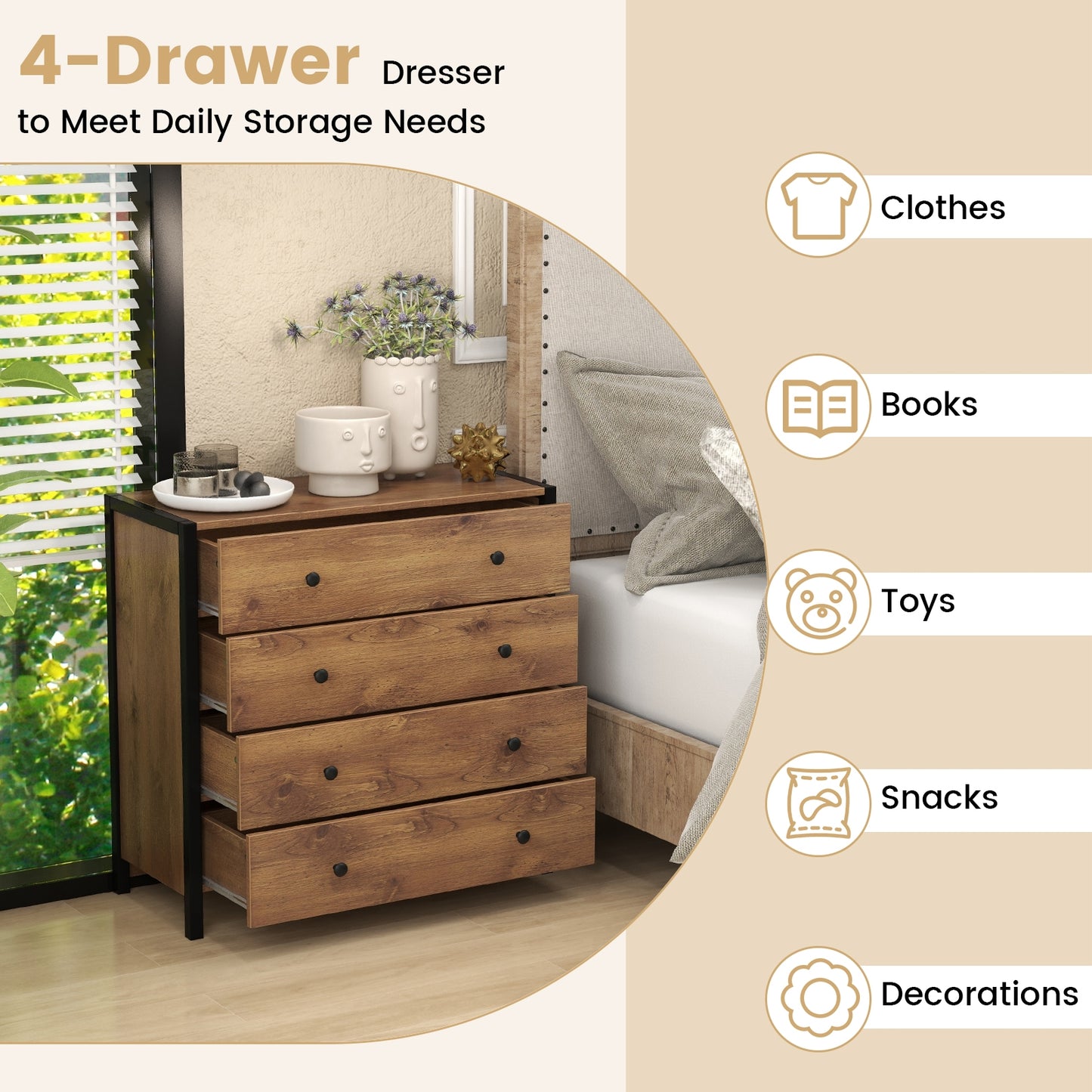 Modern 4-Drawer Wooden Dresser Chest for Bedroom, Living Room & Entryway - Oak Finish