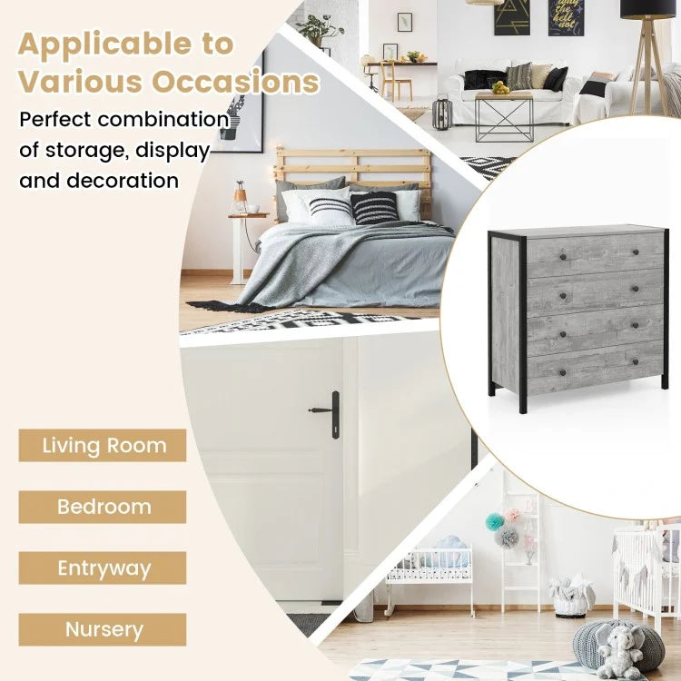 Modern 4-Drawer Wooden Dresser Chest for Bedroom, Living Room & Entryway - Grey Finish