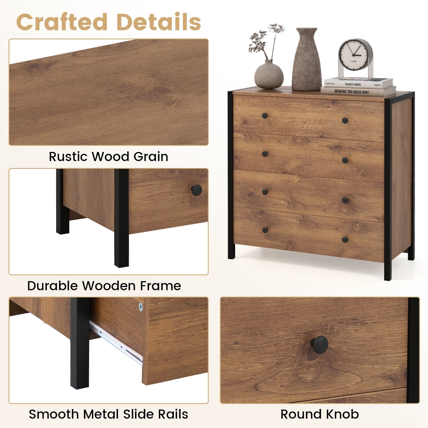 Modern 4-Drawer Wooden Dresser Chest for Bedroom, Living Room & Entryway - Oak Finish