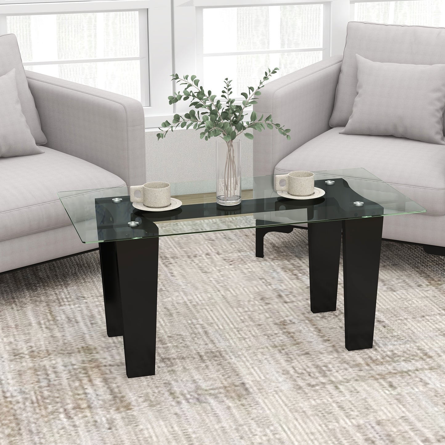 Modern Rectangular Glass Coffee Table with Solid Rubber Wood Legs and Sleek Minimalist Design