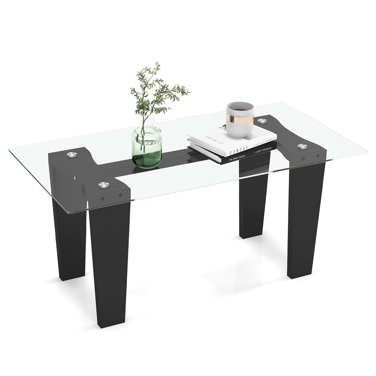 Modern Rectangular Glass Coffee Table with Solid Rubber Wood Legs and Sleek Minimalist Design