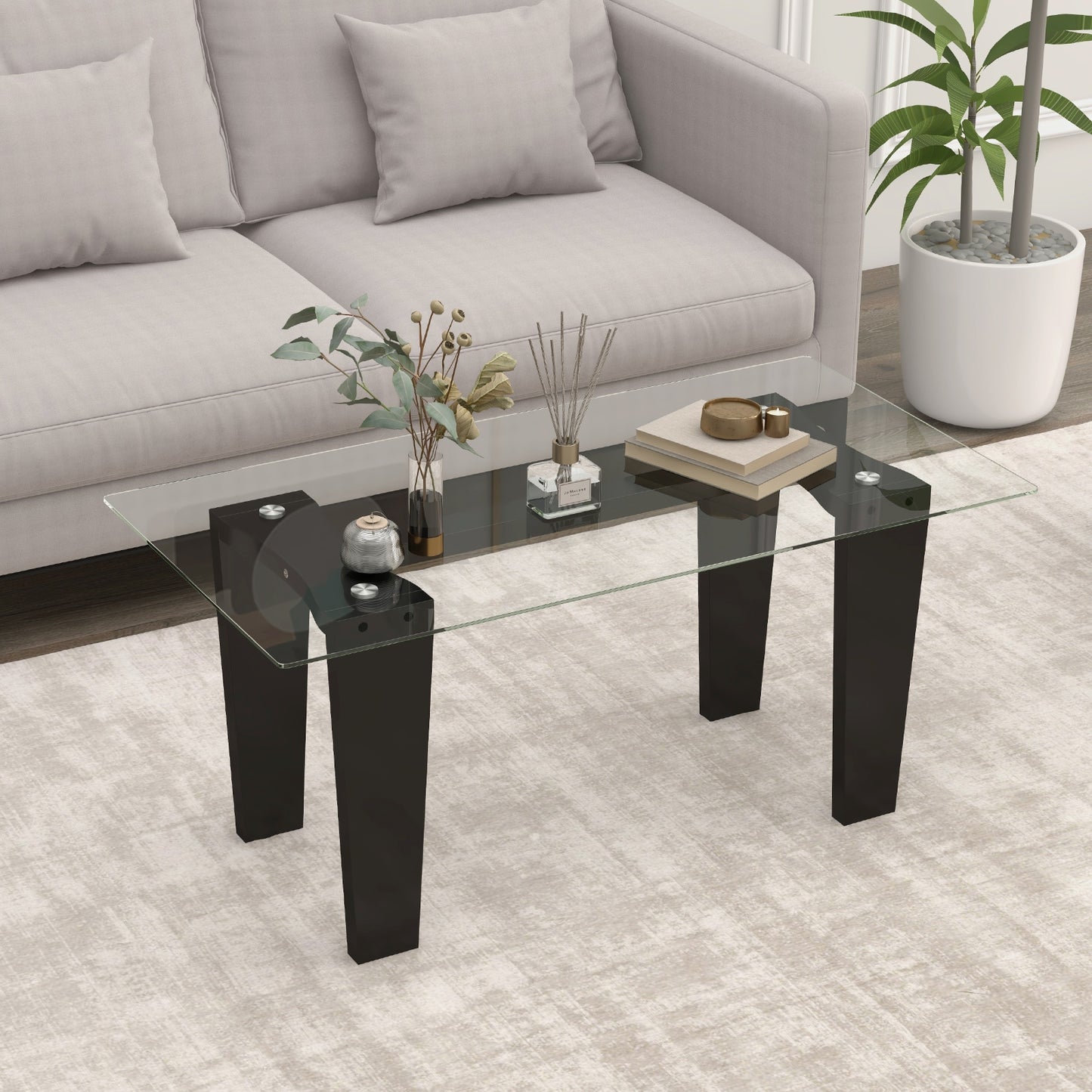 Modern Rectangular Glass Coffee Table with Solid Rubber Wood Legs and Sleek Minimalist Design