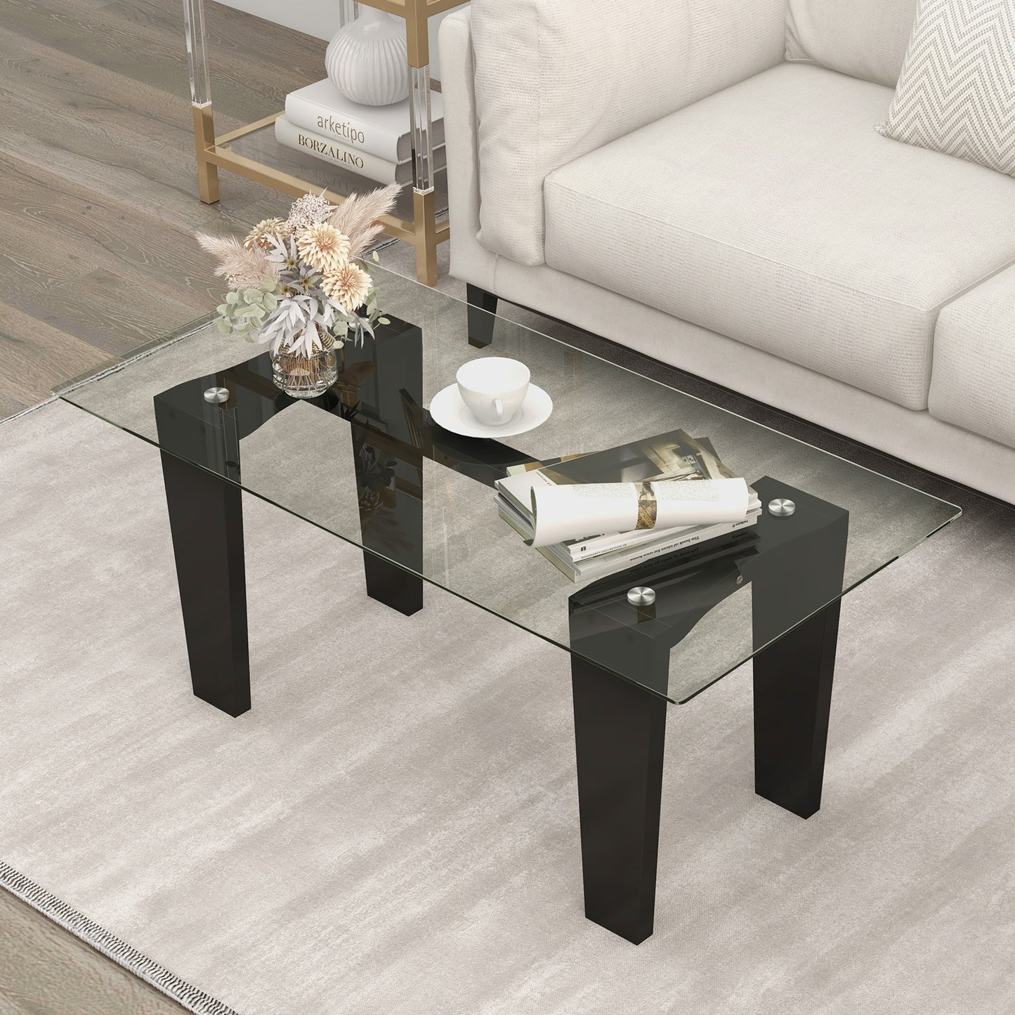 Modern Rectangular Glass Coffee Table with Solid Rubber Wood Legs and Sleek Minimalist Design