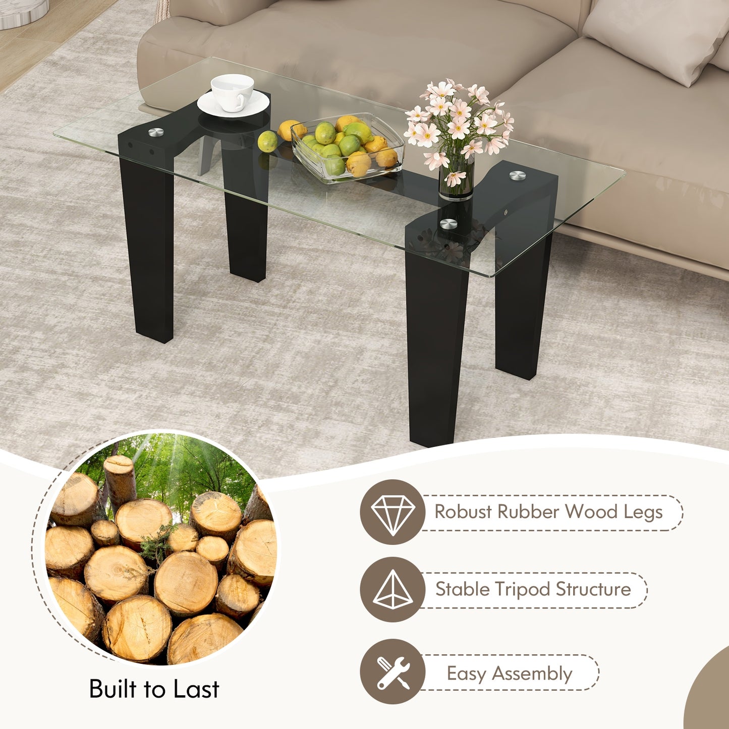 Modern Rectangular Glass Coffee Table with Solid Rubber Wood Legs and Sleek Minimalist Design