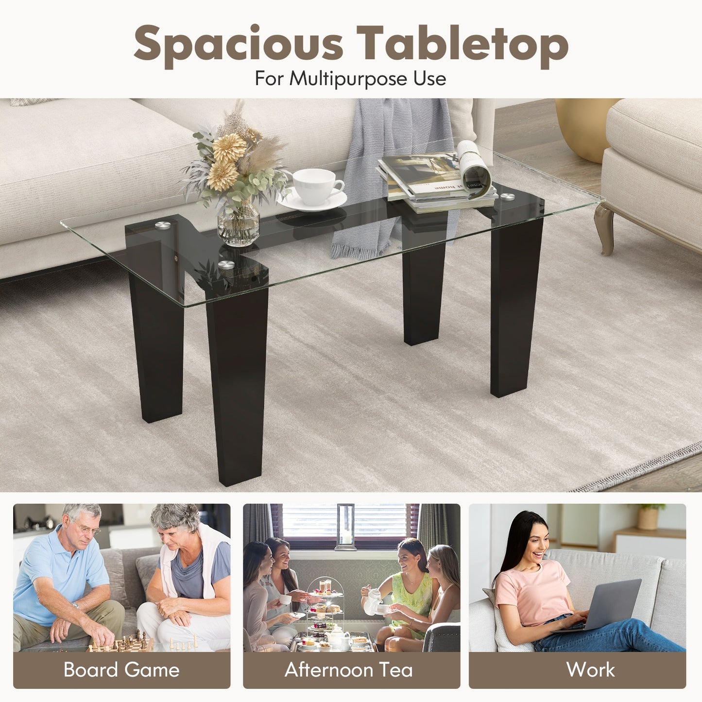 Modern Rectangular Glass Coffee Table with Solid Rubber Wood Legs and Sleek Minimalist Design