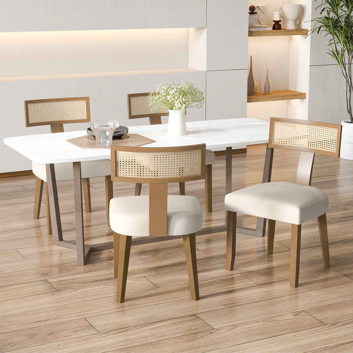 Upholstered Dining Chairs with Curved Rattan Backrests and Linen Fabric Cushions - Set of 2