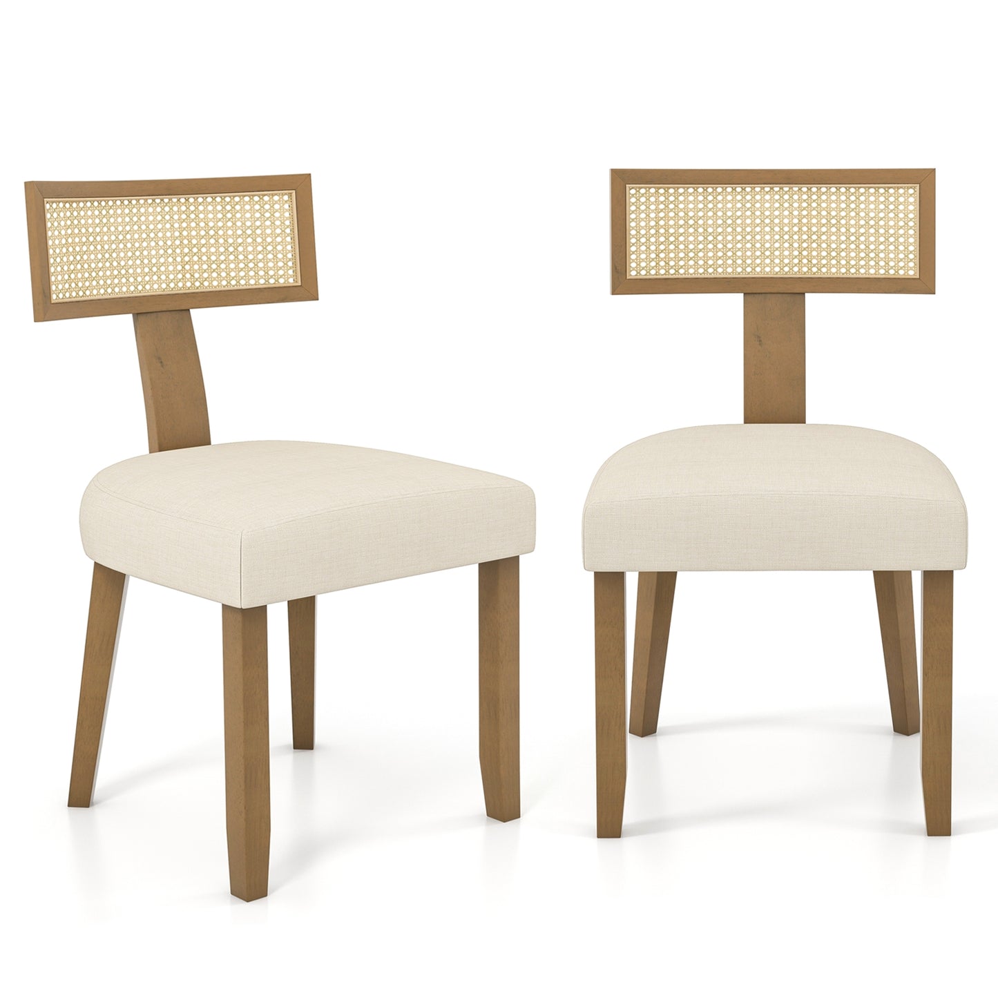 Upholstered Dining Chairs with Curved Rattan Backrests and Linen Fabric Cushions - Set of 2