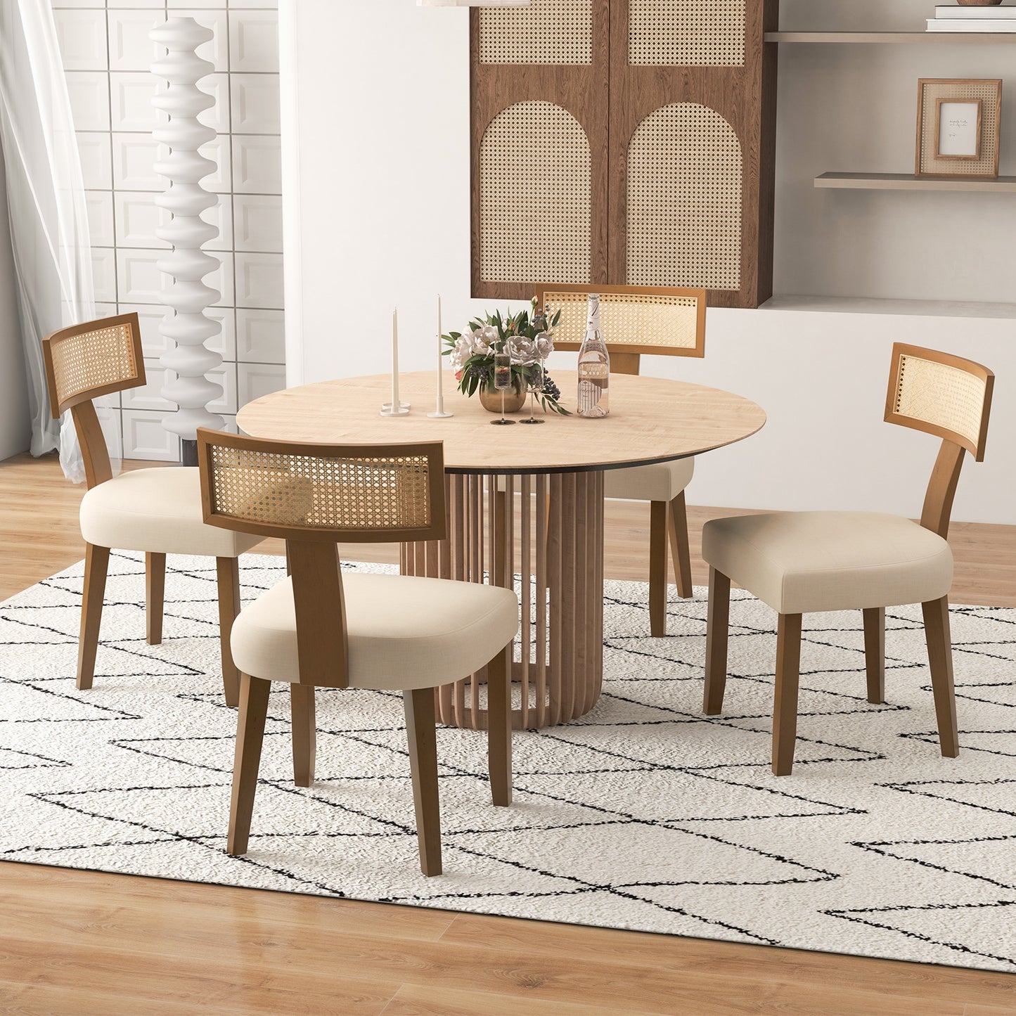Upholstered Dining Chairs with Curved Rattan Backrests and Linen Fabric Cushions - Set of 2