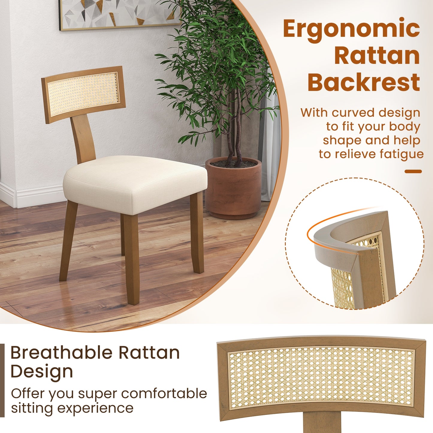 Upholstered Dining Chairs with Curved Rattan Backrests and Linen Fabric Cushions - Set of 2