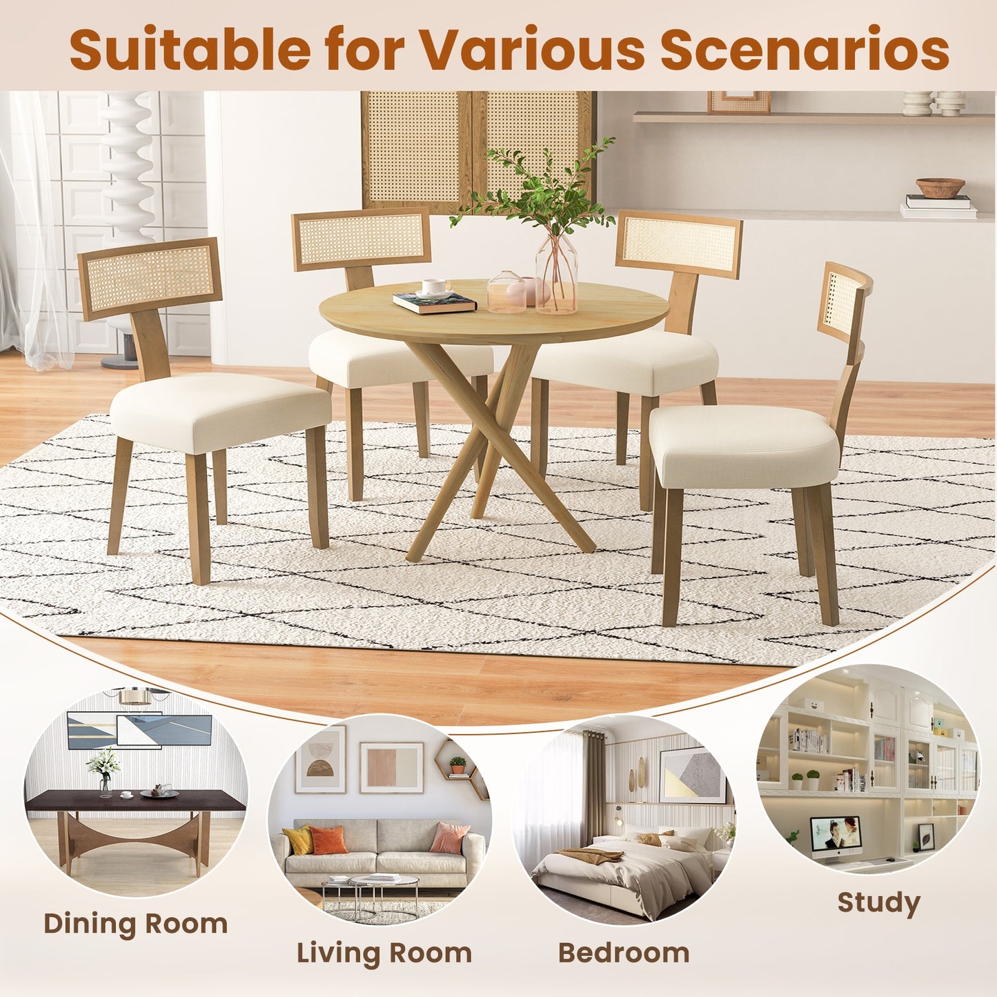 Upholstered Dining Chairs with Curved Rattan Backrests and Linen Fabric Cushions - Set of 2