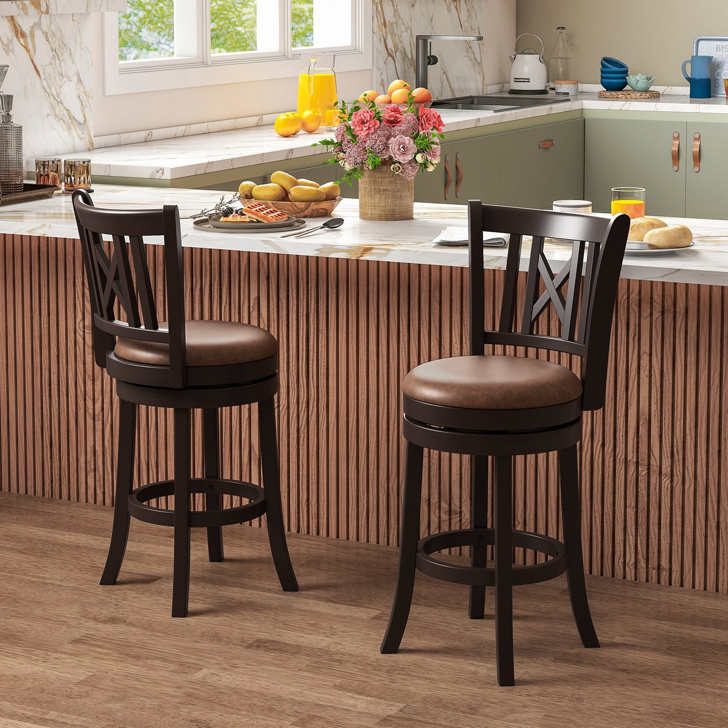 Swivel Bar Stools with Footrest and Hollow Backrest 2-Piece Set - 26 inch