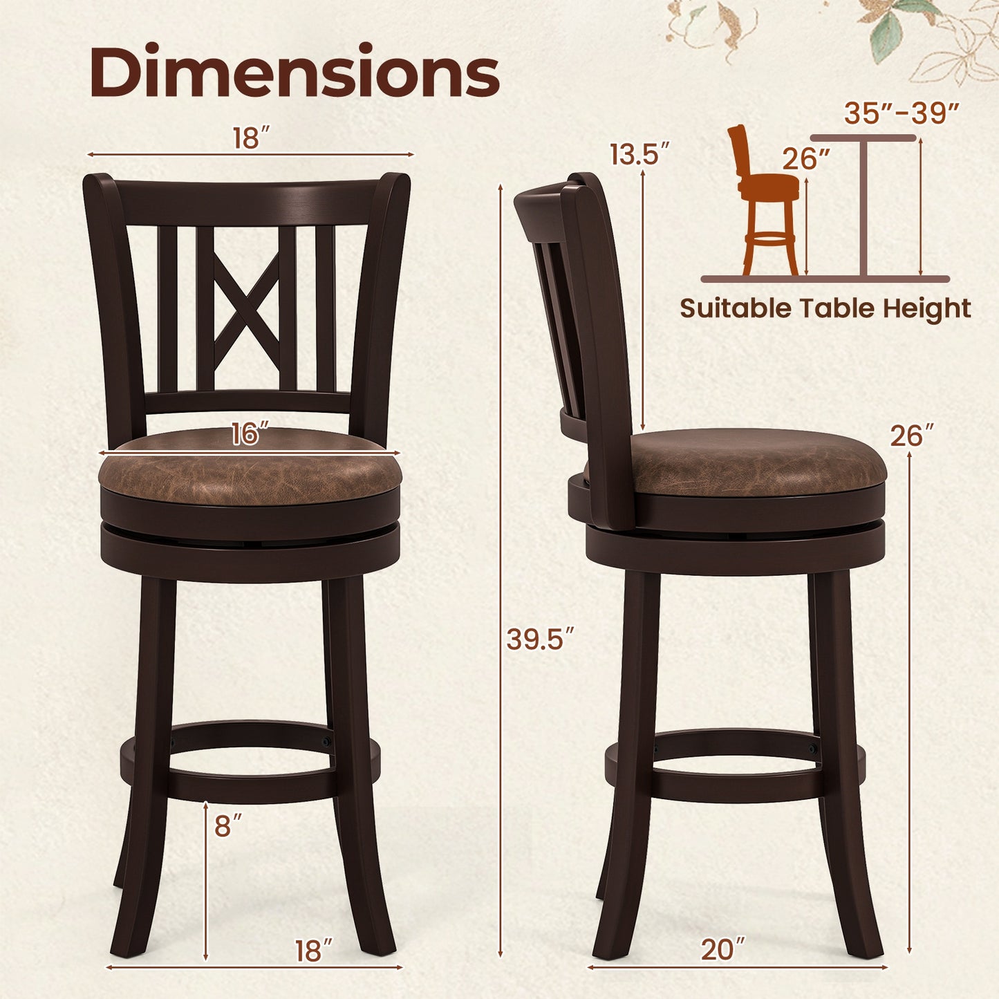 Swivel Bar Stools with Footrest and Hollow Backrest 2-Piece Set - 26 inch