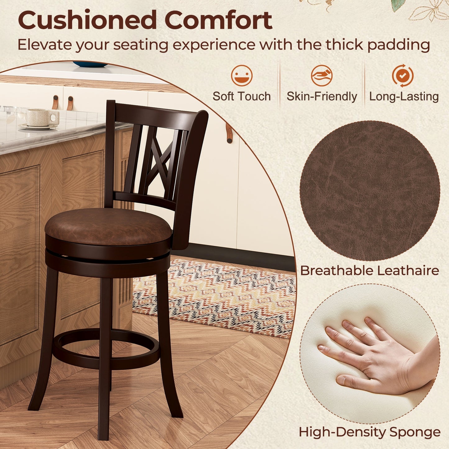 Swivel Bar Stools with Footrest and Hollow Backrest 2-Piece Set - 26 inch
