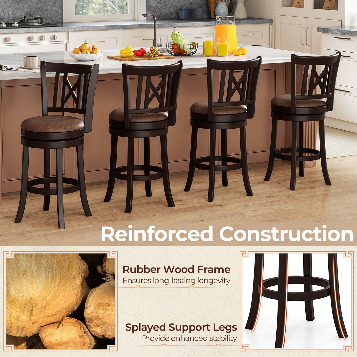 Swivel Bar Stools with Footrest and Hollow Backrest 2-Piece Set - 26 inch