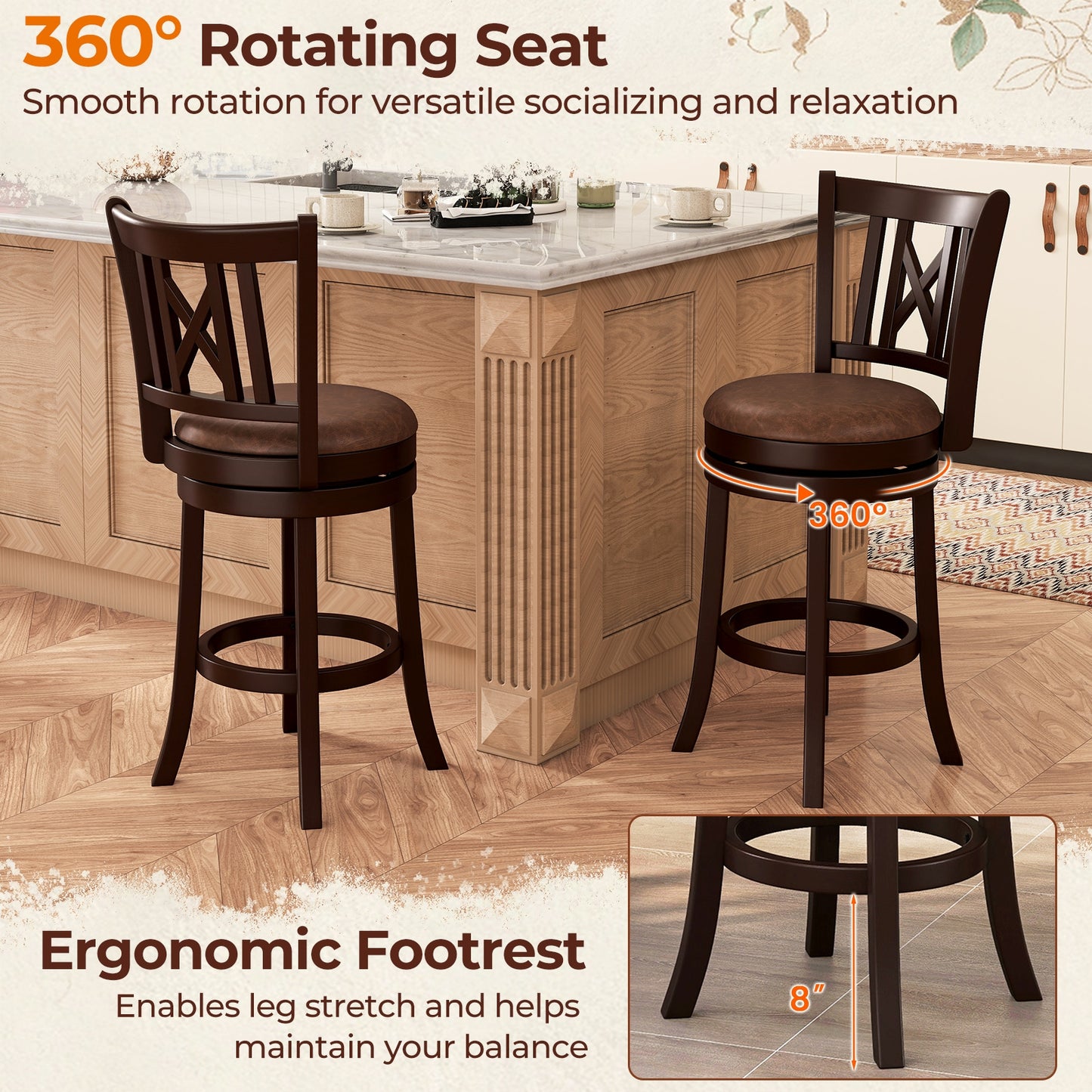 Swivel Bar Stools with Footrest and Hollow Backrest 2-Piece Set - 26 inch