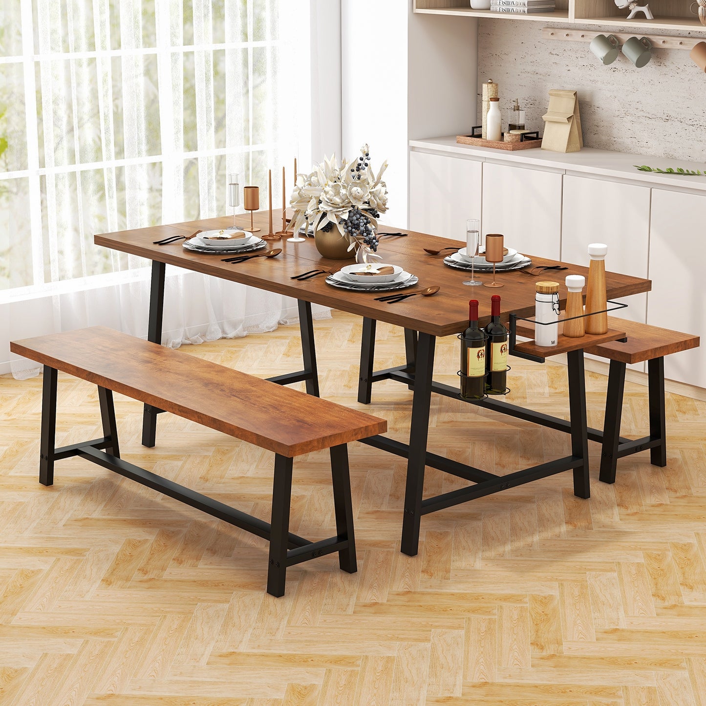 Industrial Style 3-Piece Dining Set with Wine Rack and Condiment Storage Seats 5-7
