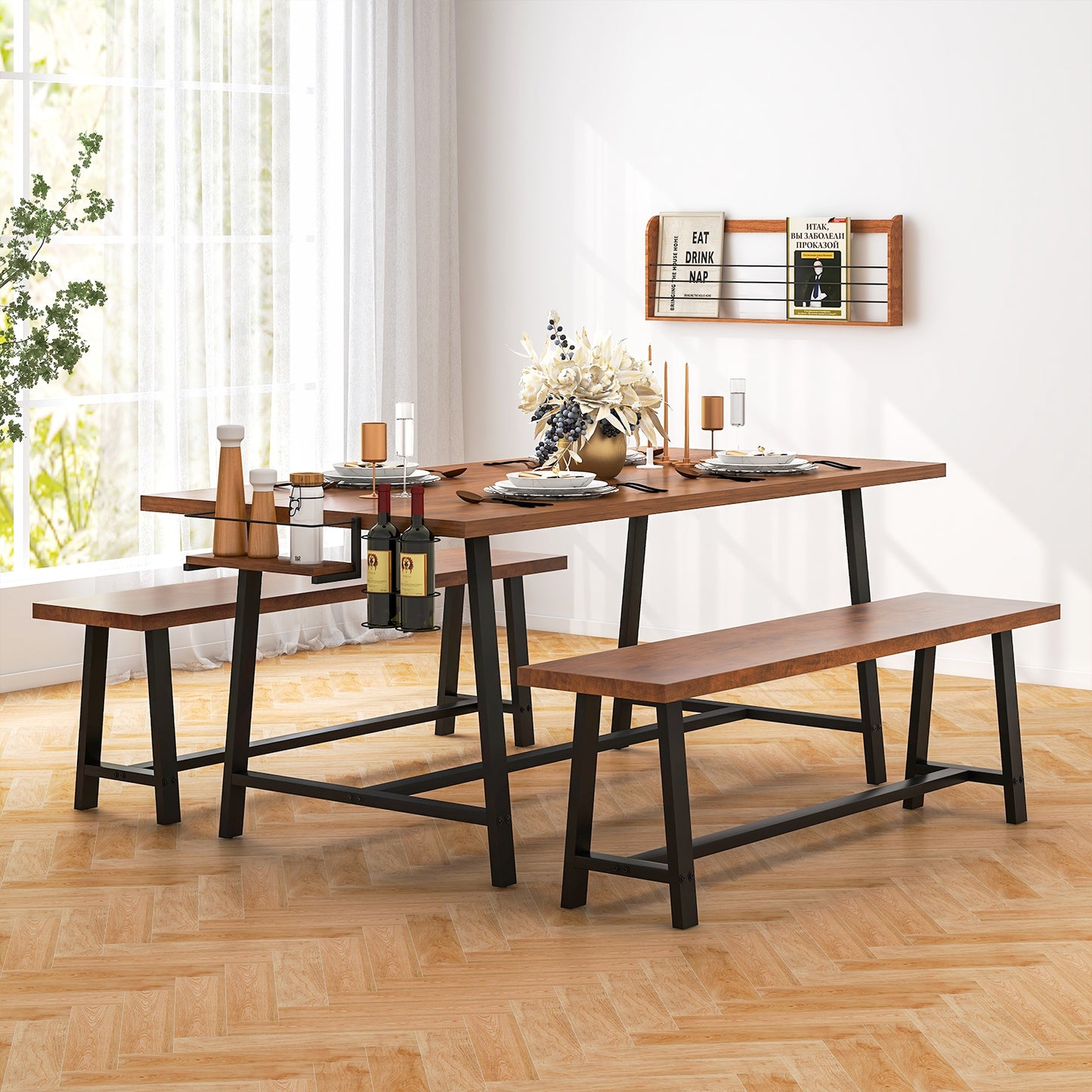 Industrial Style 3-Piece Dining Set with Wine Rack and Condiment Storage Seats 5-7