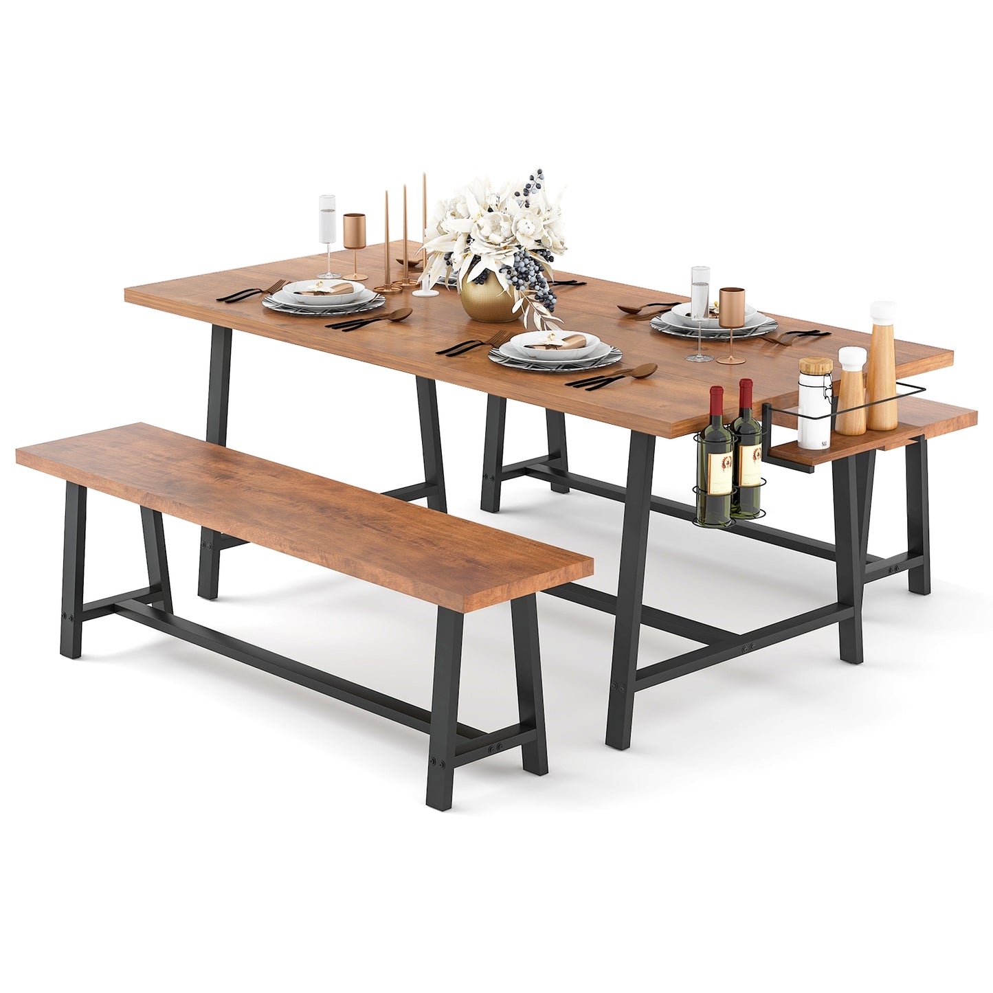 Industrial Style 3-Piece Dining Set with Wine Rack and Condiment Storage Seats 5-7