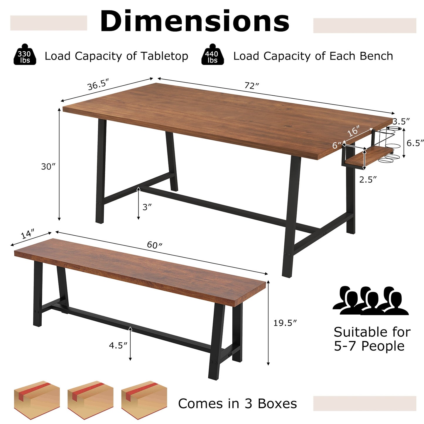 Industrial Style 3-Piece Dining Set with Wine Rack and Condiment Storage Seats 5-7