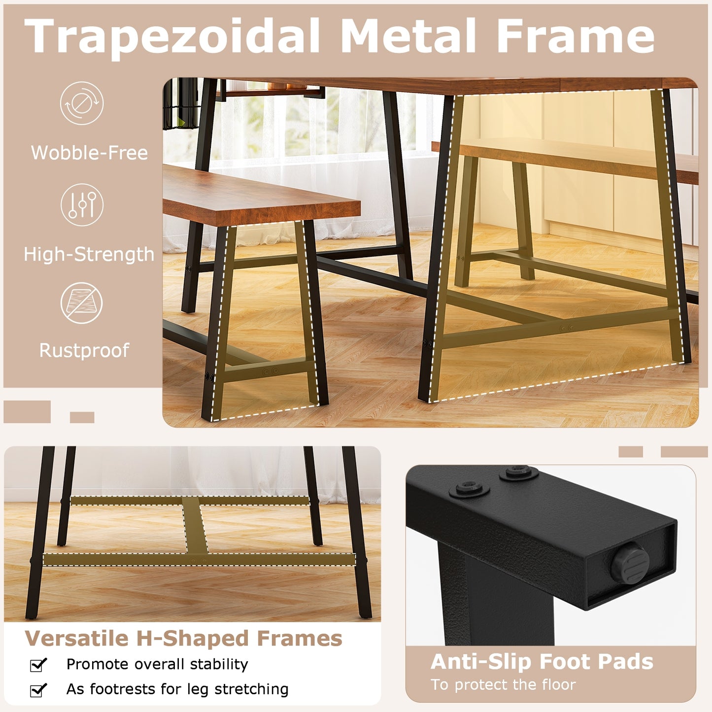 Industrial Style 3-Piece Dining Set with Wine Rack and Condiment Storage Seats 5-7