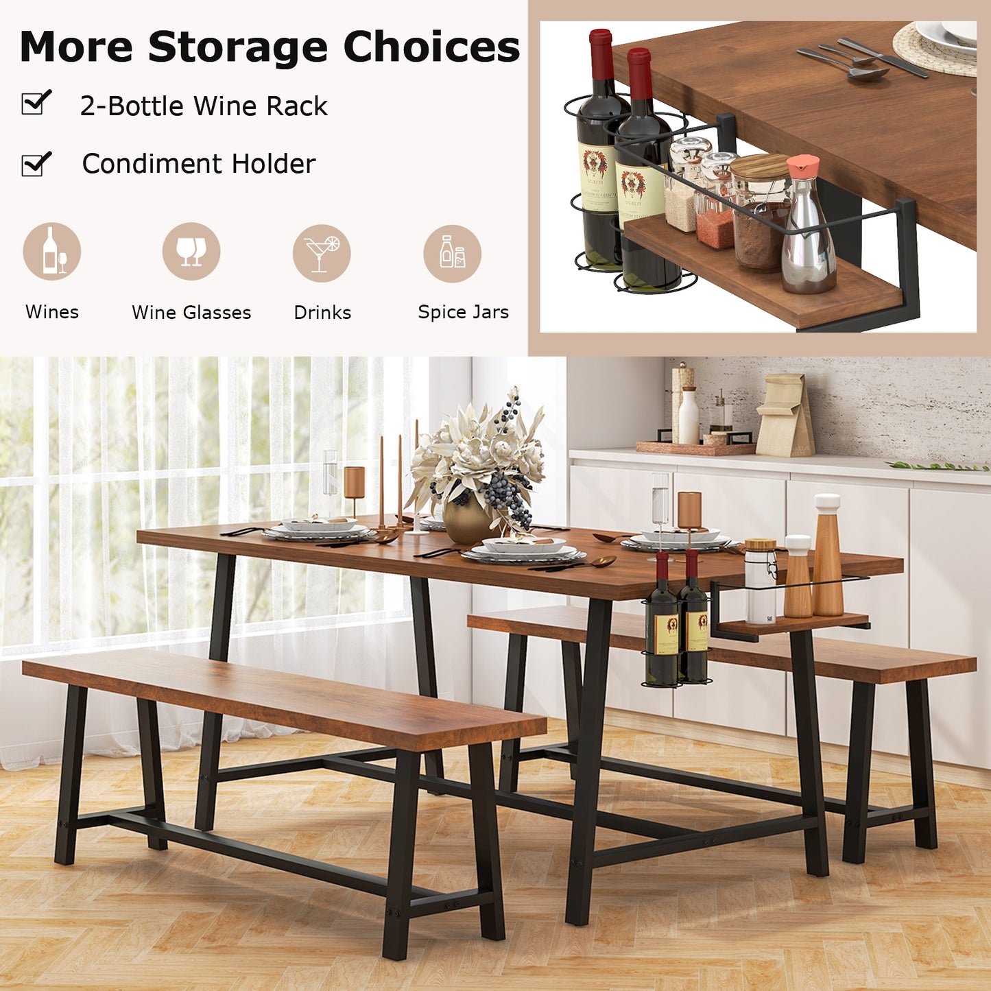 Industrial Style 3-Piece Dining Set with Wine Rack and Condiment Storage Seats 5-7