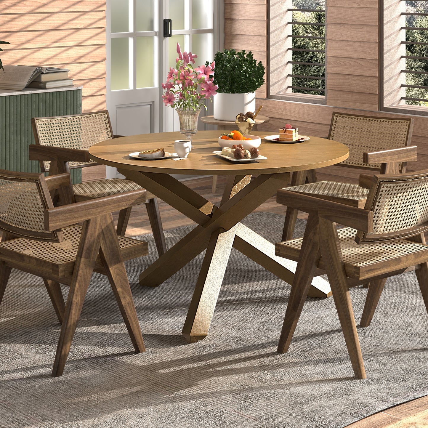 47 Inch Round Dining Table with Solid Wood Legs and Natural Acacia Finish for 4 to 6 People