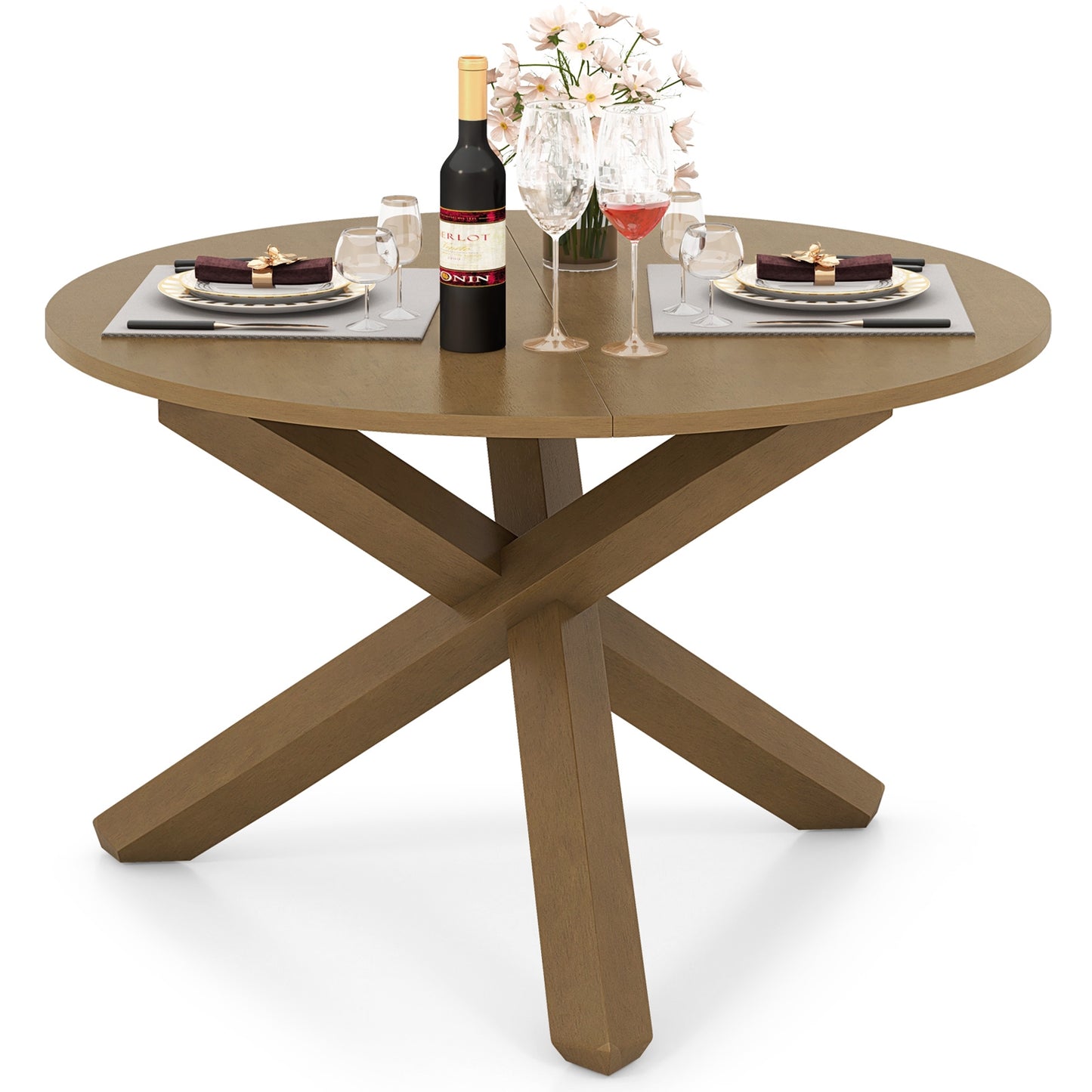 47 Inch Round Dining Table with Solid Wood Legs and Natural Acacia Finish for 4 to 6 People