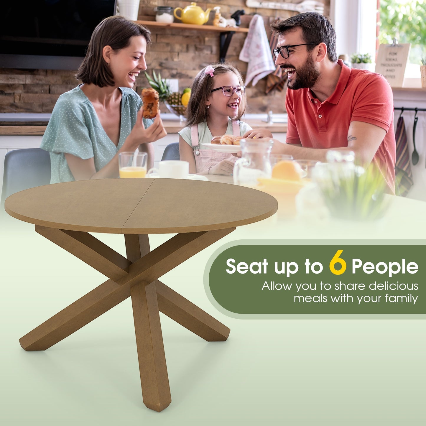 47 Inch Round Dining Table with Solid Wood Legs and Natural Acacia Finish for 4 to 6 People