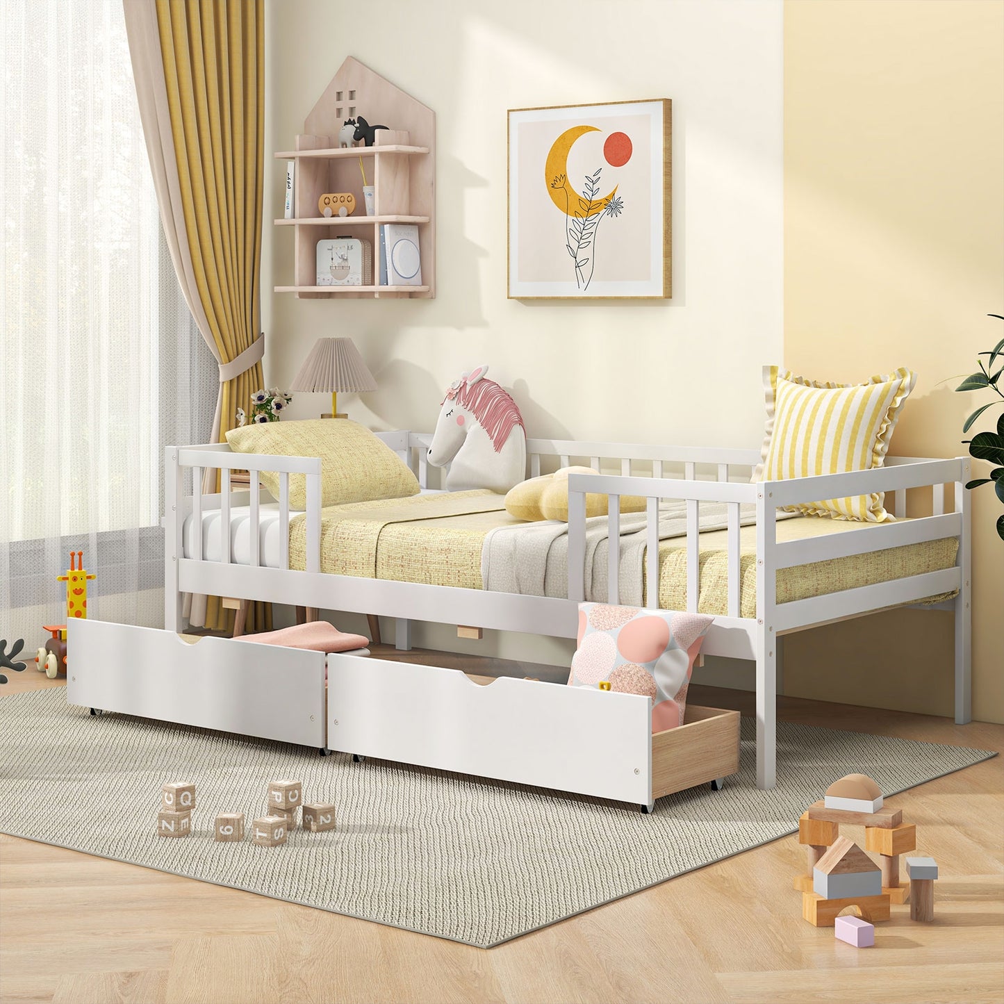 Montessori Twin Daybed with Storage Drawers and Fence Rails for Boys and Girls