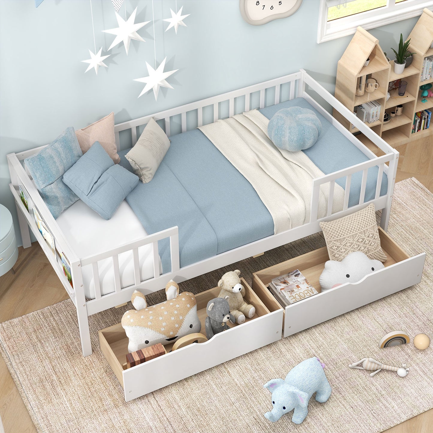 Montessori Twin Daybed with Storage Drawers and Fence Rails for Boys and Girls