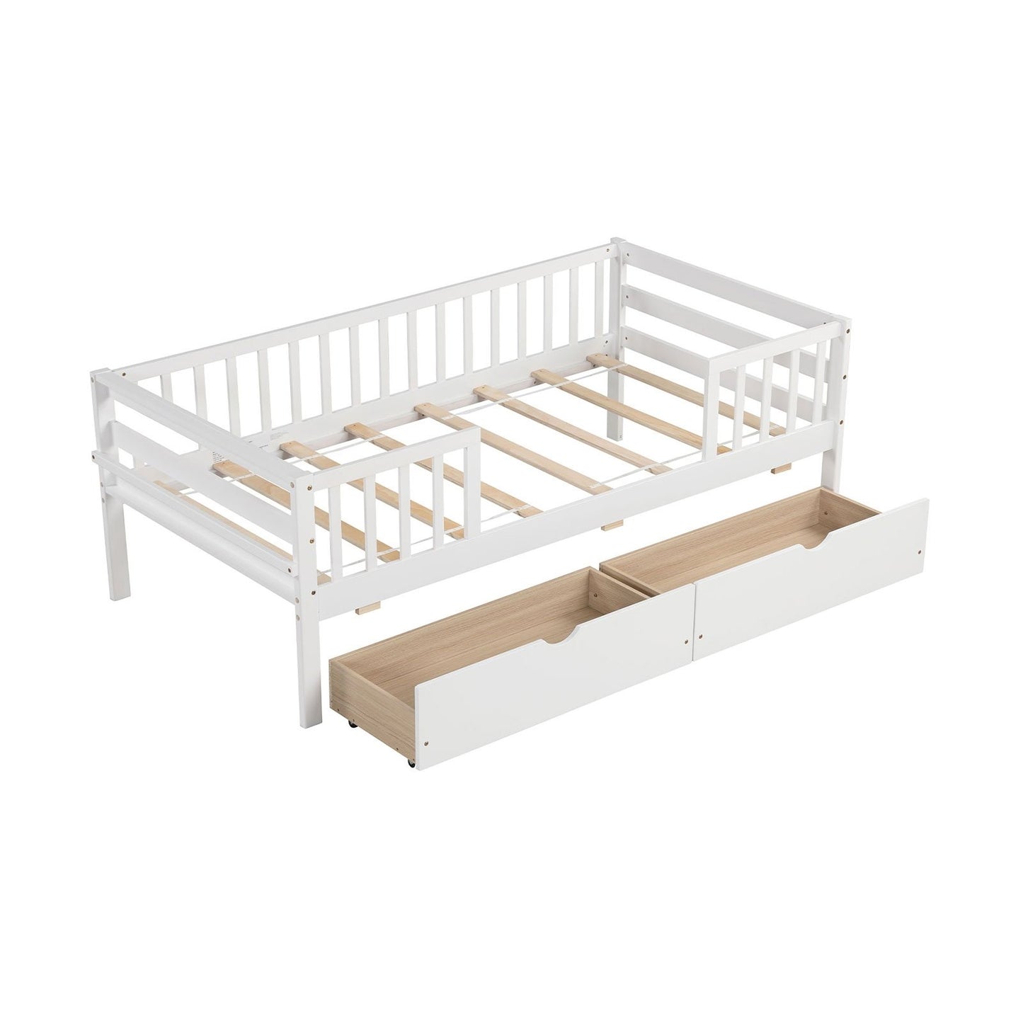 Montessori Twin Daybed with Storage Drawers and Fence Rails for Boys and Girls