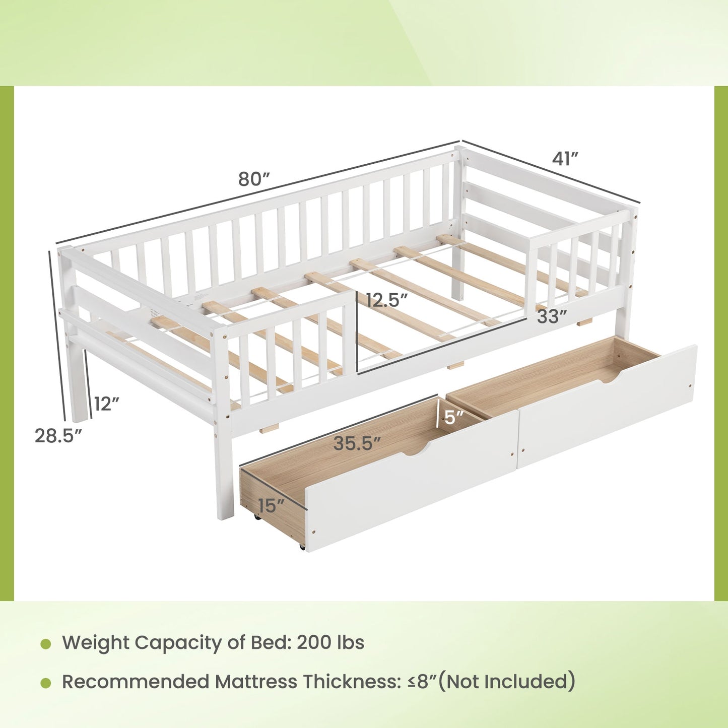 Montessori Twin Daybed with Storage Drawers and Fence Rails for Boys and Girls