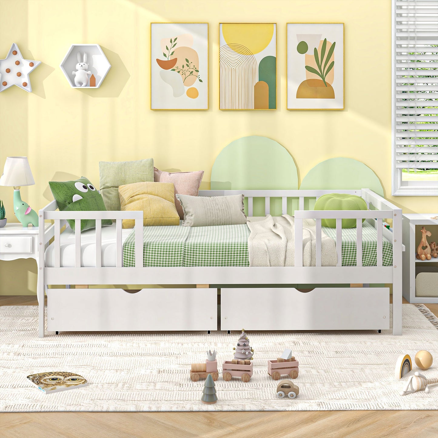 Montessori Twin Daybed with Storage Drawers and Fence Rails for Boys and Girls