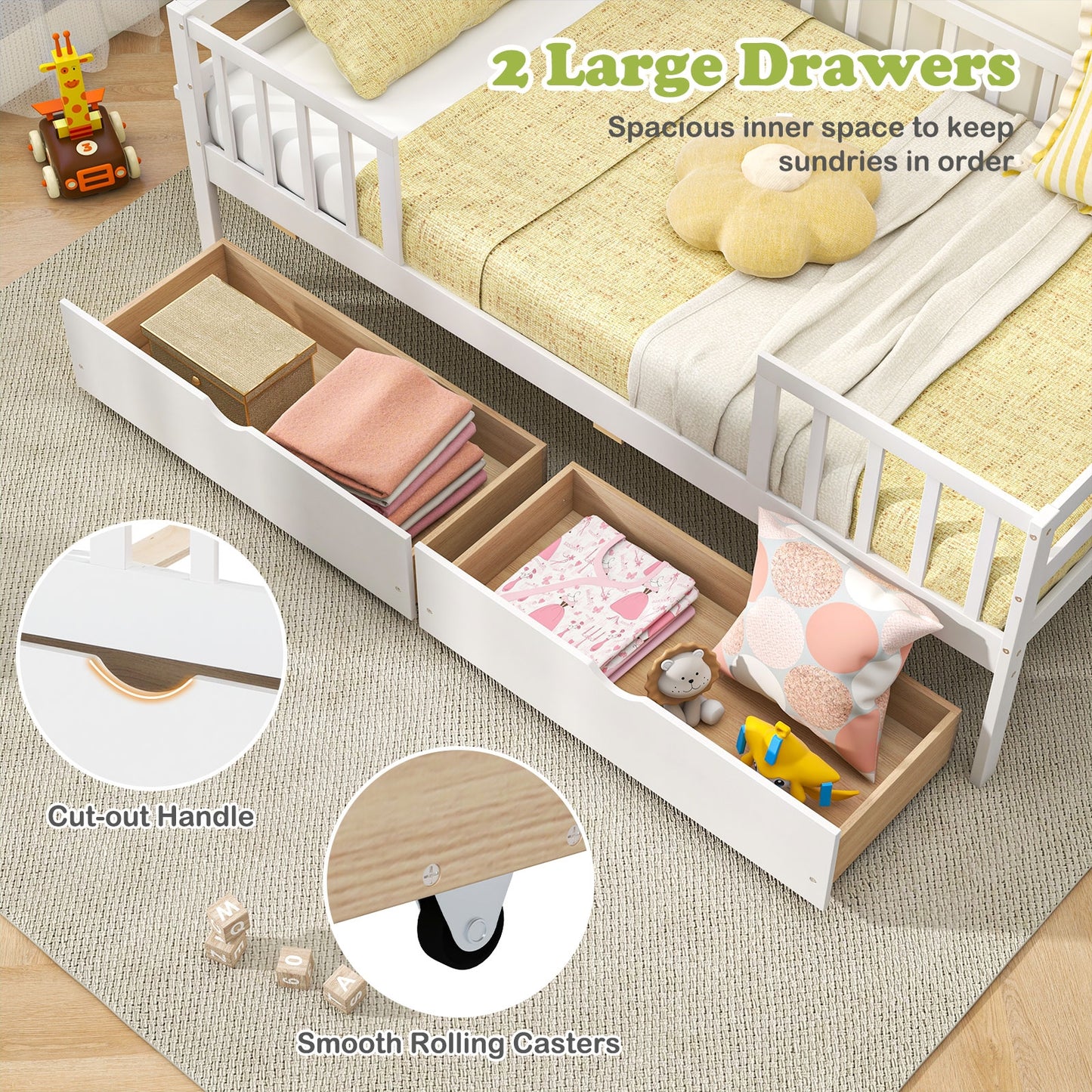 Montessori Twin Daybed with Storage Drawers and Fence Rails for Boys and Girls