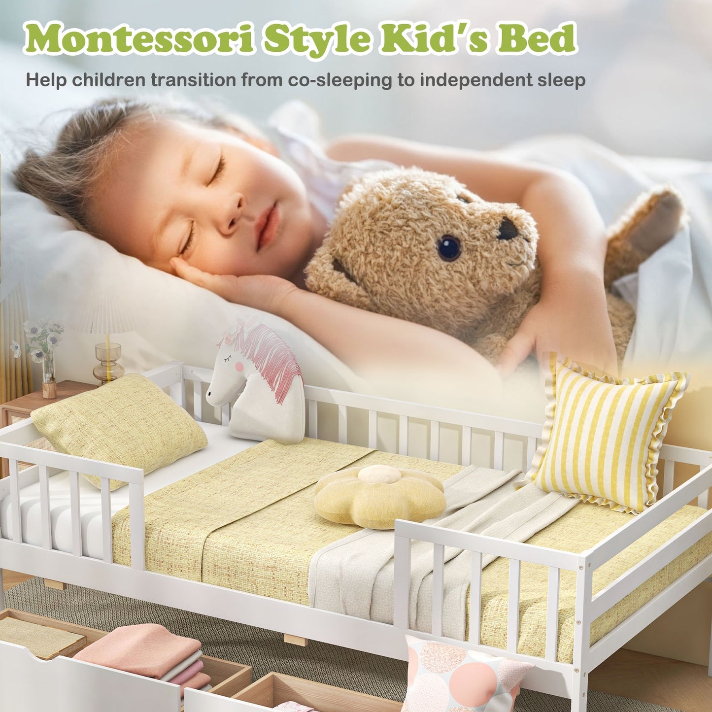 Montessori Twin Daybed with Storage Drawers and Fence Rails for Boys and Girls