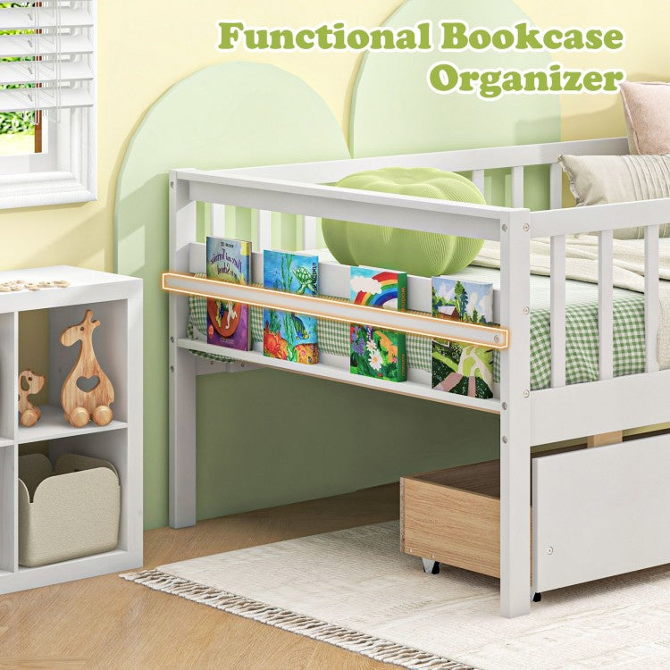 Montessori Twin Daybed with Storage Drawers and Fence Rails for Boys and Girls