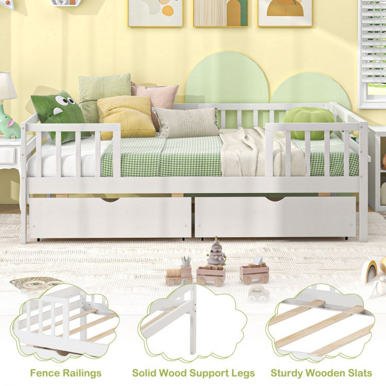 Montessori Twin Daybed with Storage Drawers and Fence Rails for Boys and Girls