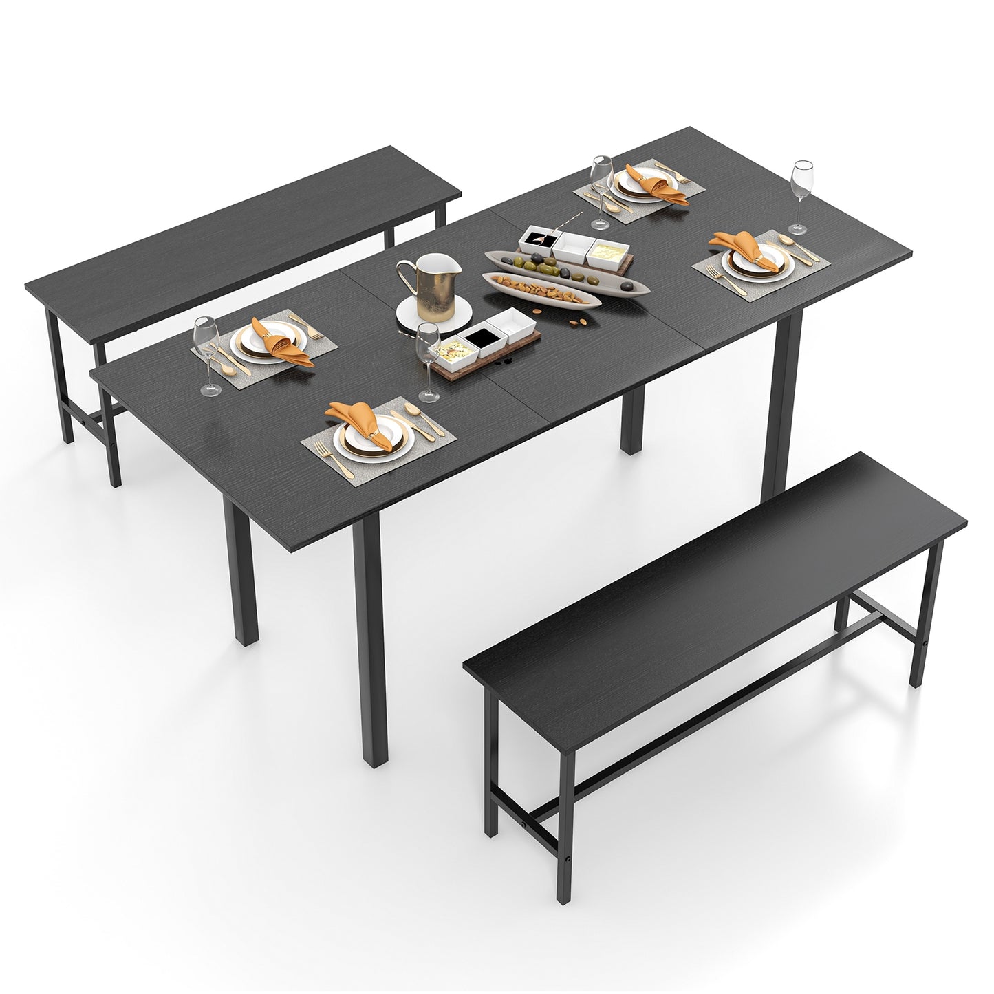Expandable 3 Piece Dining Table Set with 2 Benches for 4 to 6 People in Black Finish