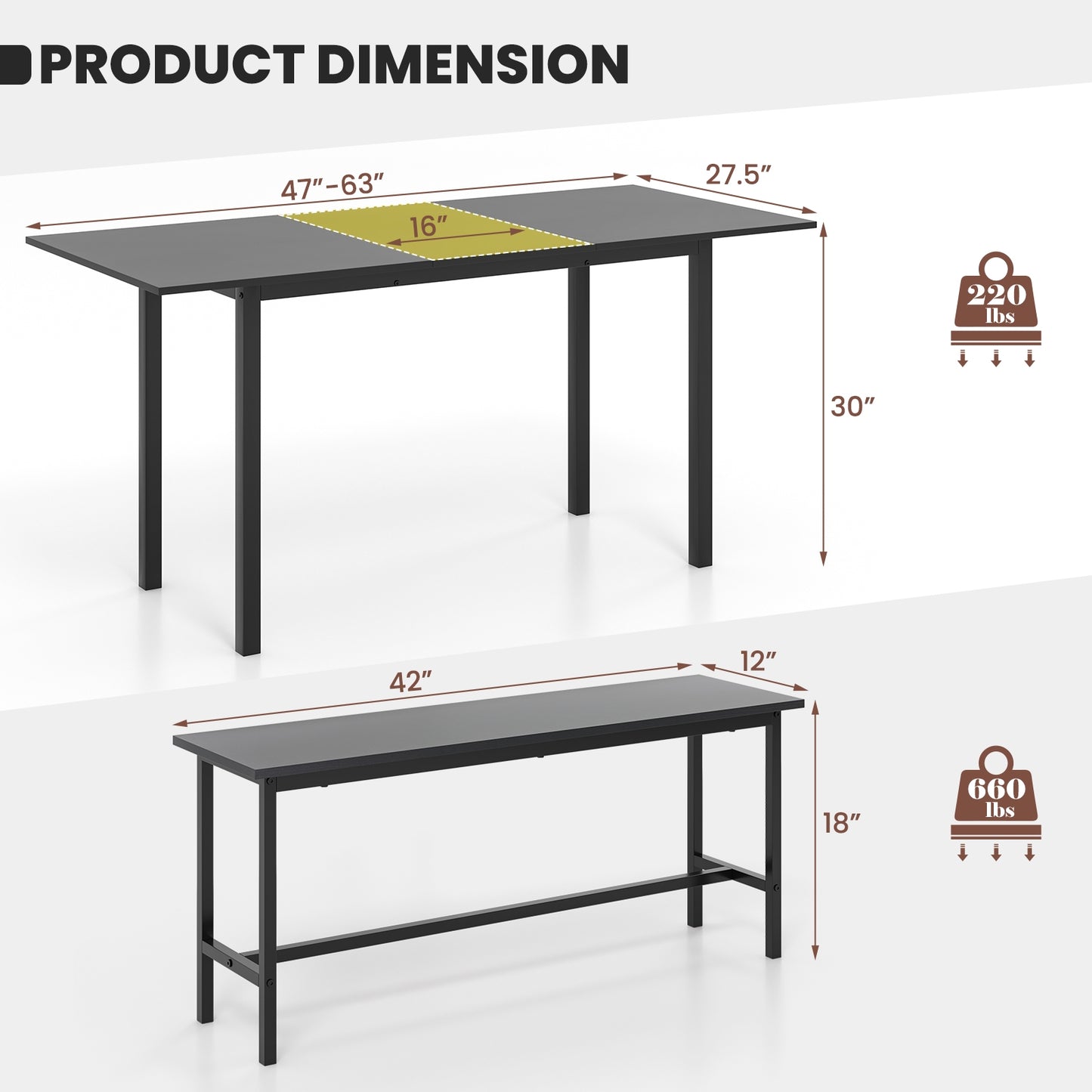 Expandable 3 Piece Dining Table Set with 2 Benches for 4 to 6 People in Black Finish