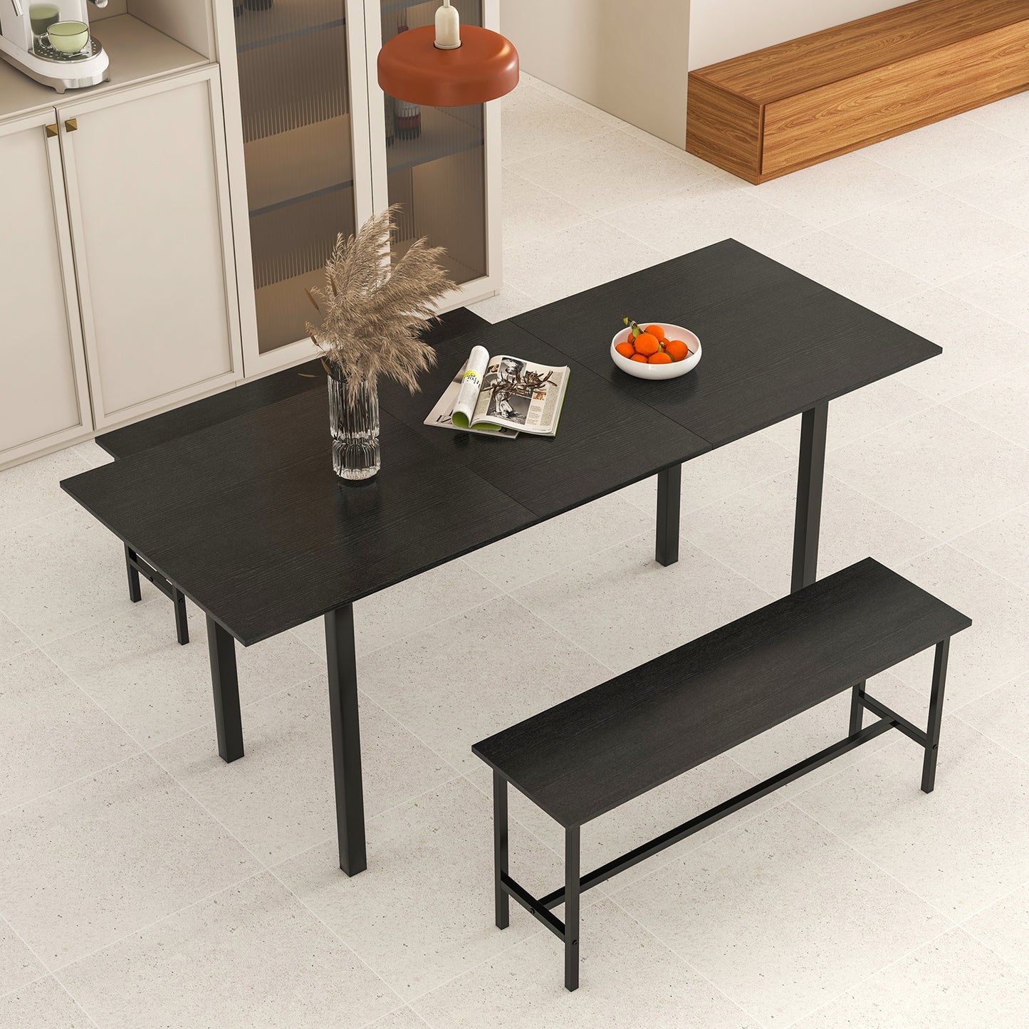 Expandable 3 Piece Dining Table Set with 2 Benches for 4 to 6 People in Black Finish