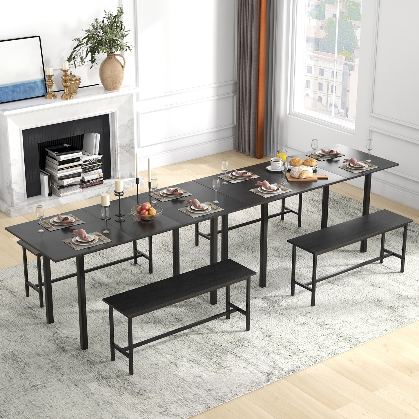 Expandable 3 Piece Dining Table Set with 2 Benches for 4 to 6 People in Black Finish