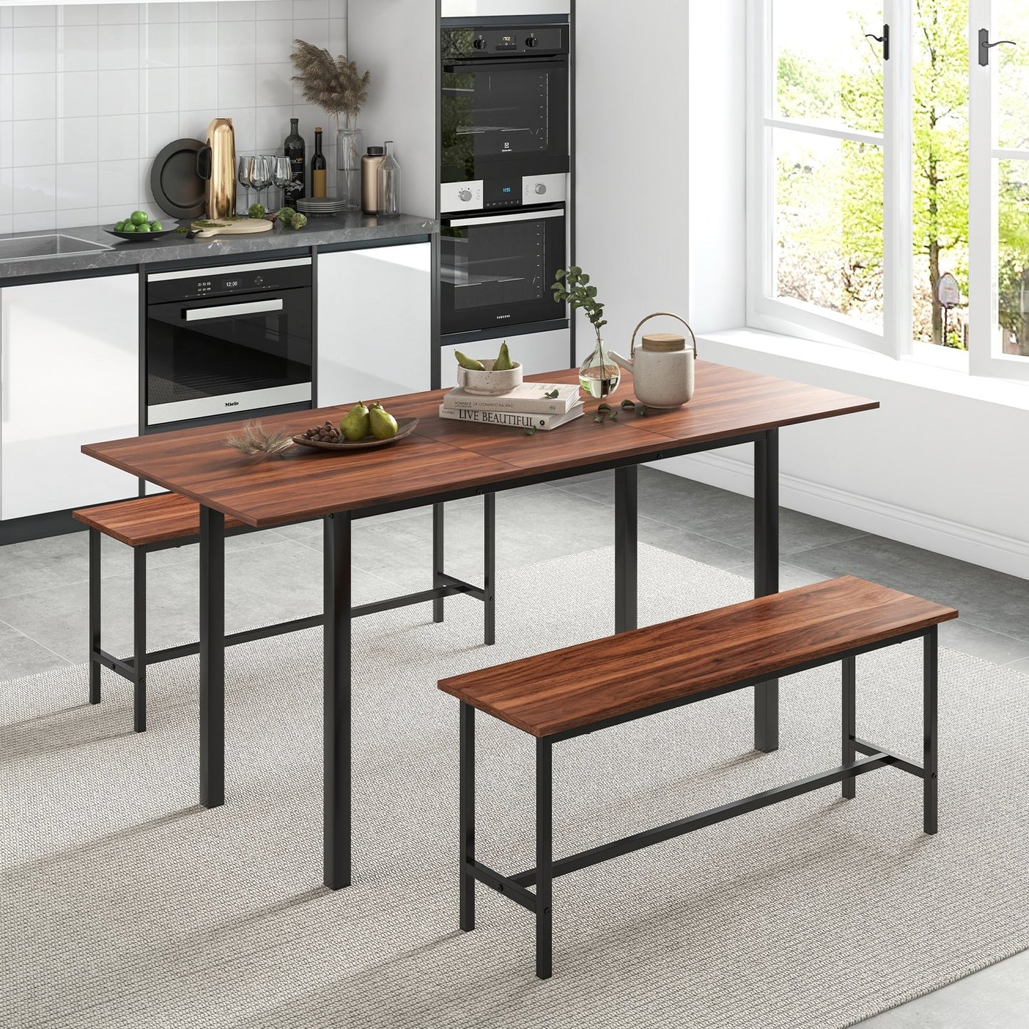 Expandable 3 Piece Dining Table Set with 2 Benches for 4 to 6 People in Walnut Finish
