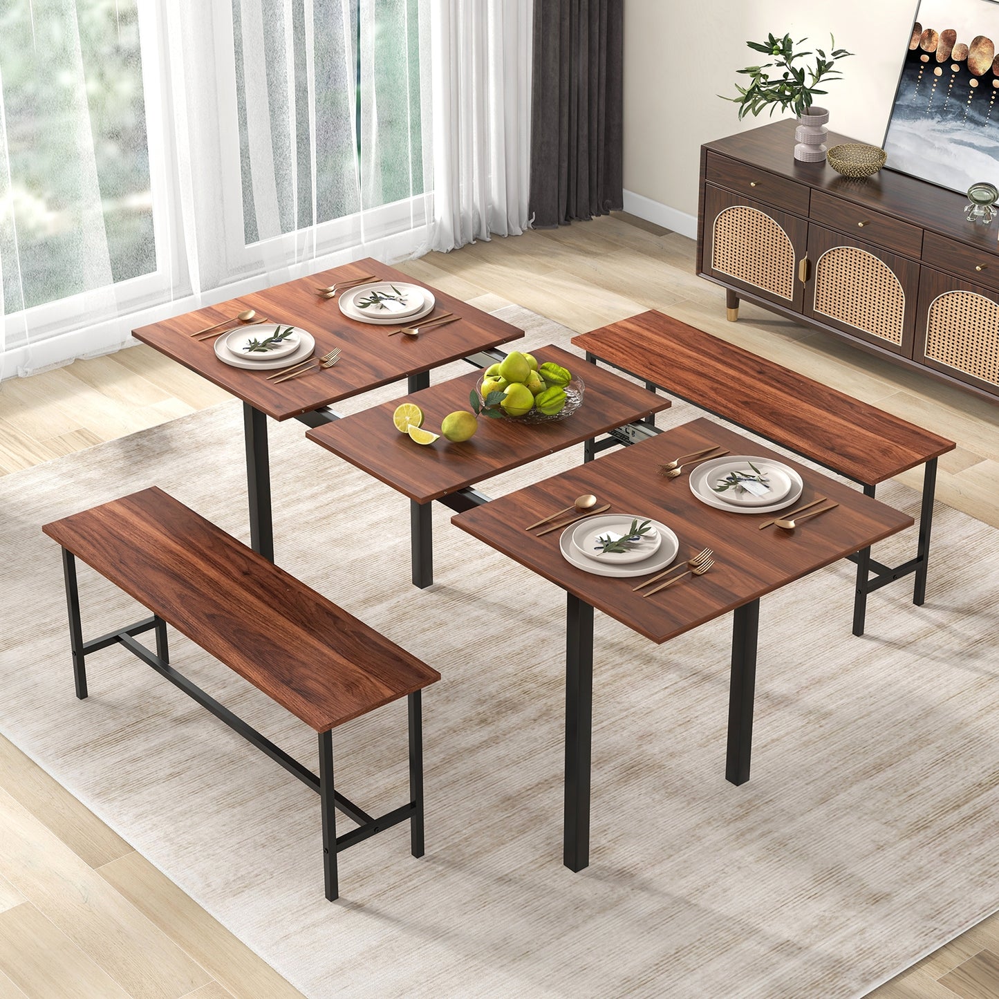 Expandable 3 Piece Dining Table Set with 2 Benches for 4 to 6 People in Walnut Finish