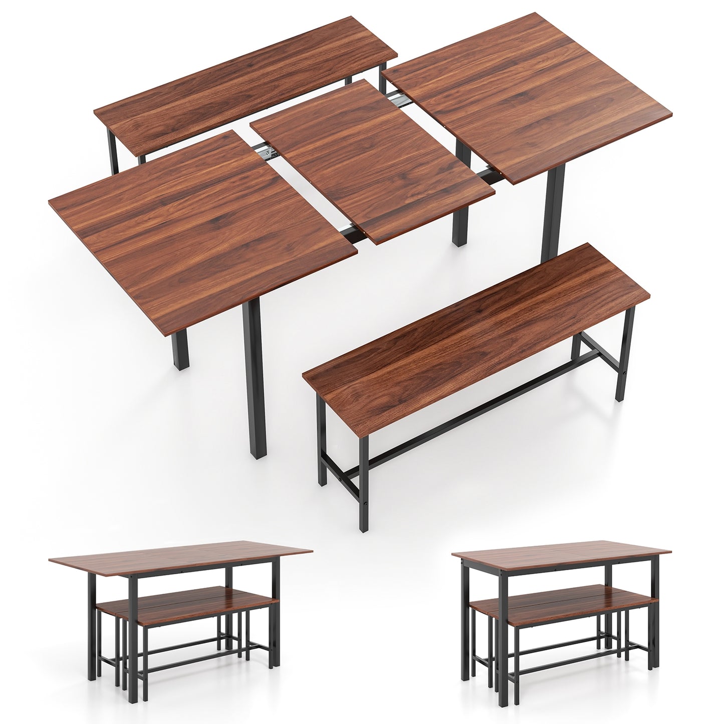 Expandable 3 Piece Dining Table Set with 2 Benches for 4 to 6 People in Walnut Finish