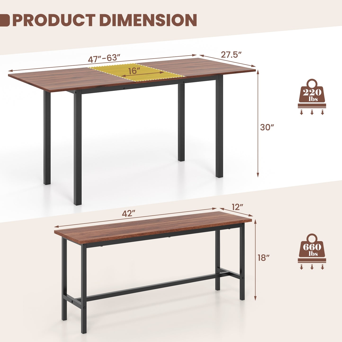 Expandable 3 Piece Dining Table Set with 2 Benches for 4 to 6 People in Walnut Finish
