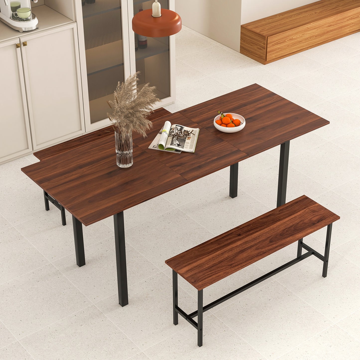 Expandable 3 Piece Dining Table Set with 2 Benches for 4 to 6 People in Walnut Finish