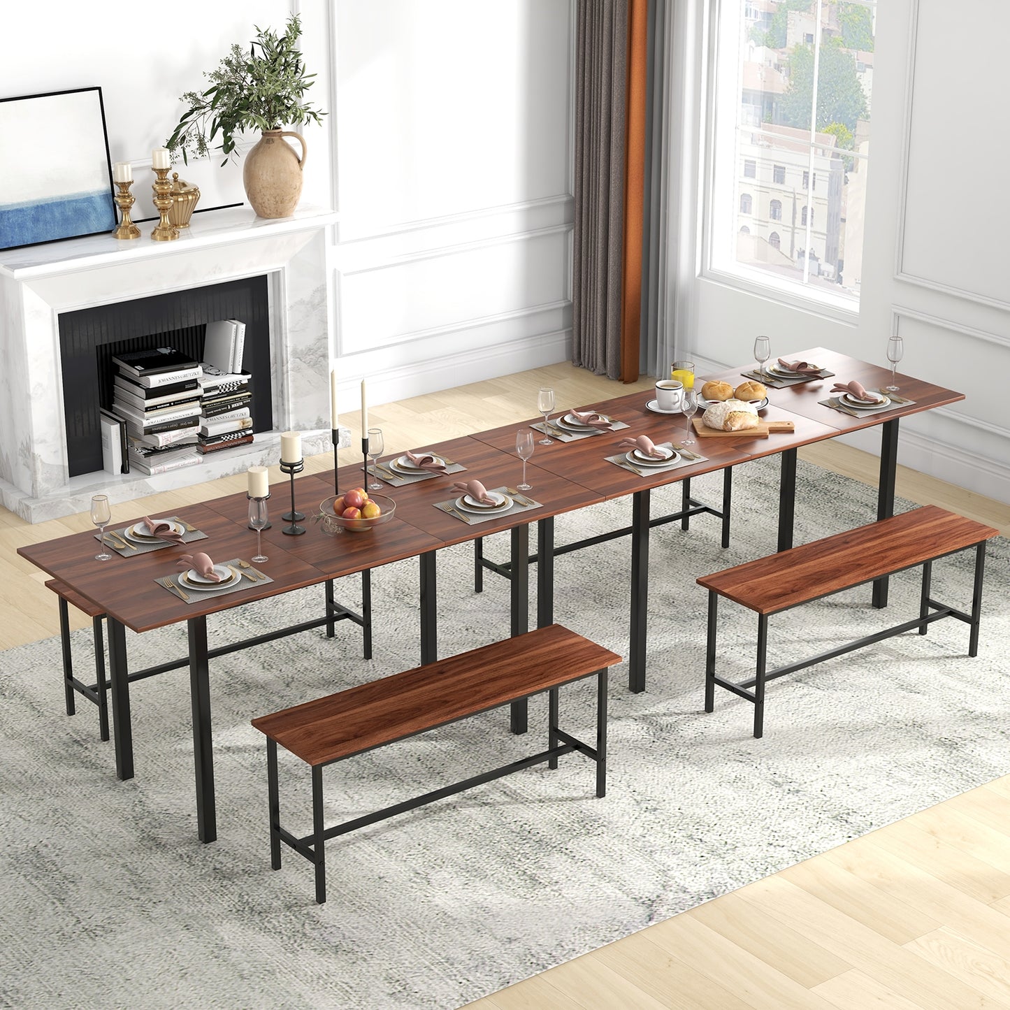 Expandable 3 Piece Dining Table Set with 2 Benches for 4 to 6 People in Walnut Finish
