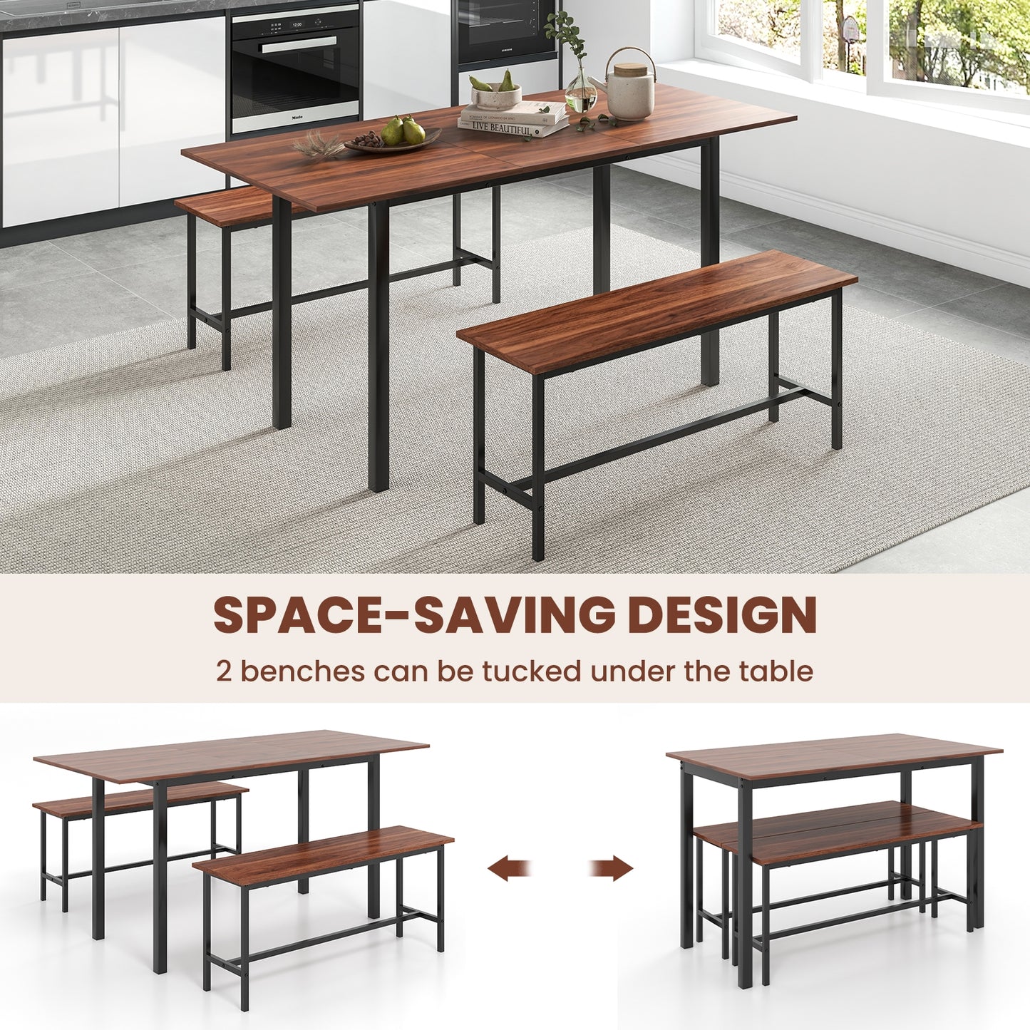Expandable 3 Piece Dining Table Set with 2 Benches for 4 to 6 People in Walnut Finish