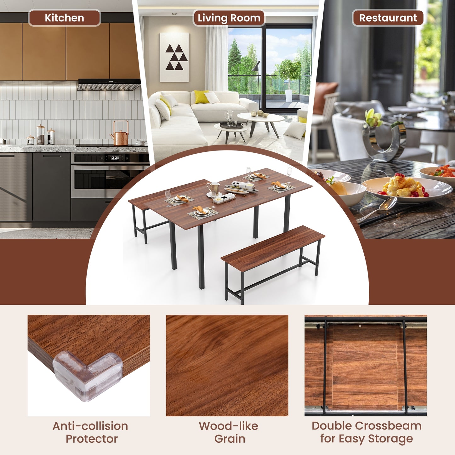 Expandable 3 Piece Dining Table Set with 2 Benches for 4 to 6 People in Walnut Finish
